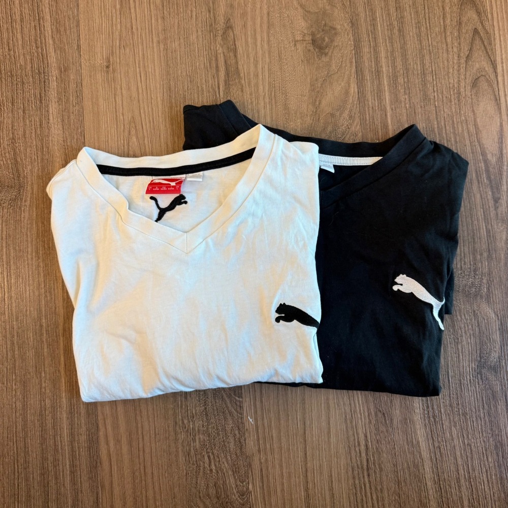 Puma Mens V-Neck T-Shirt 2 Pack Black White Sport Lifestyle Logo Size Large